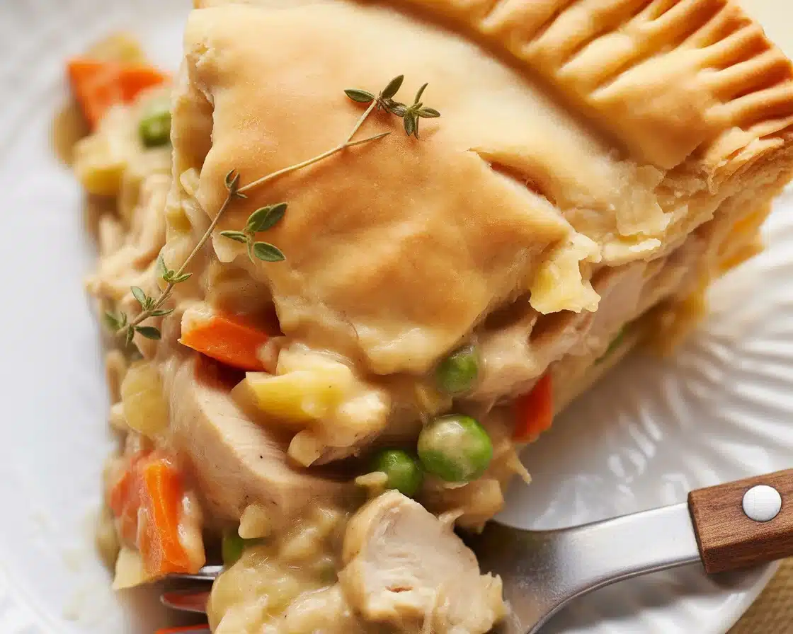 A delicious homemade chicken pot pie from scratch with a flaky crust and creamy filling.