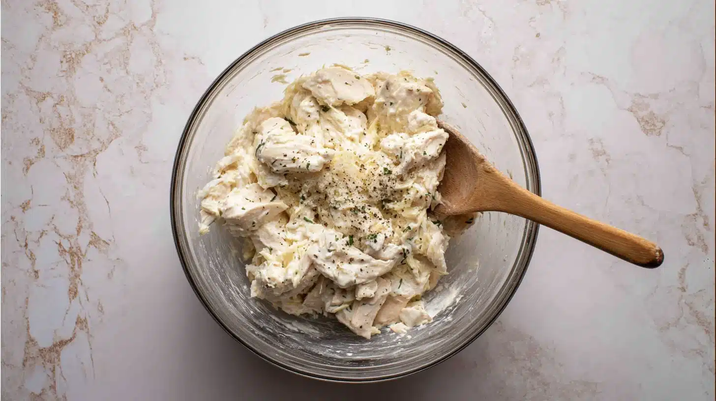 Chicken caesar smash tacos creamy filling being mixed in bowl