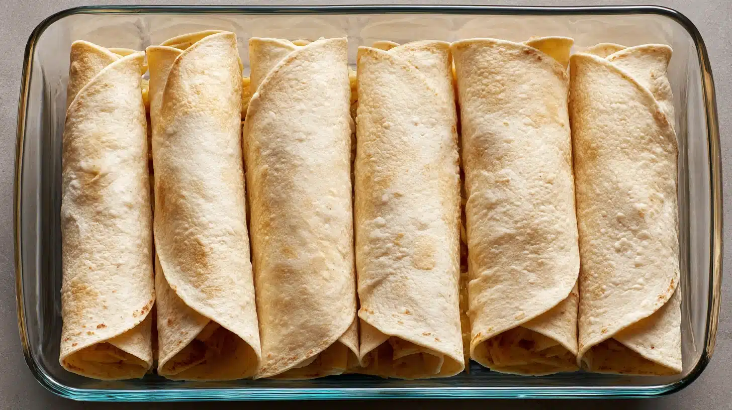 Rolling tortillas for Easy Creamy White Chicken Enchiladas