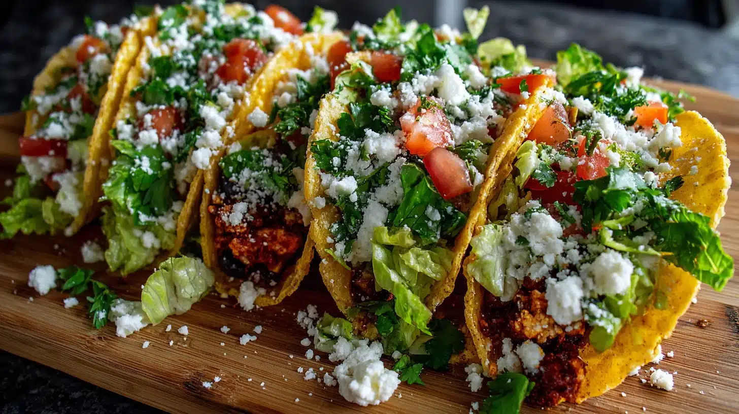 Finished chicken caesar smash tacos with romaine and tomatoes