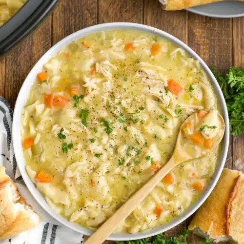 Bowl of hearty Crockpot Chicken Noodle Soup with vegetables and herbs