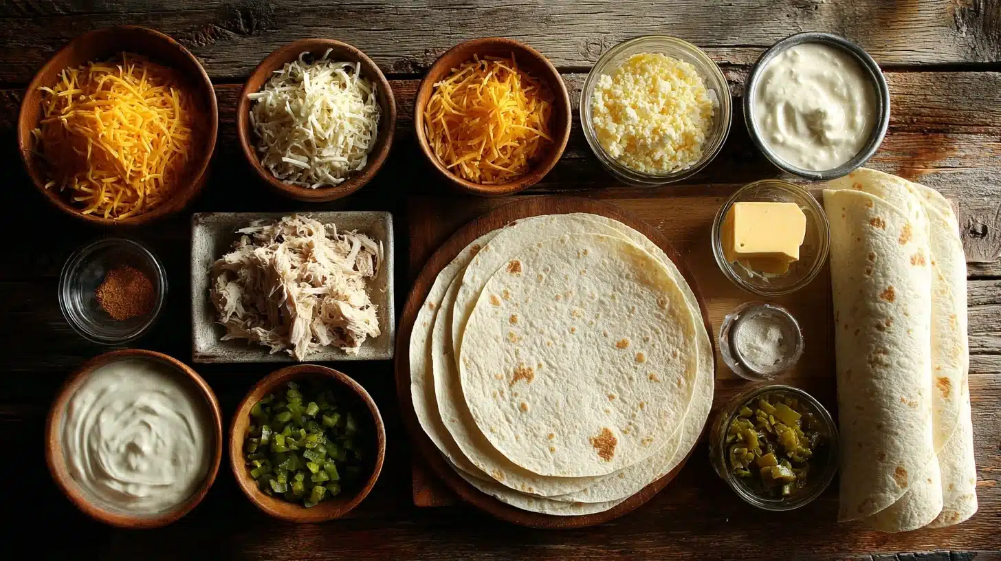 Easy Creamy White Chicken Enchiladas ingredients arranged on a rustic wooden counter