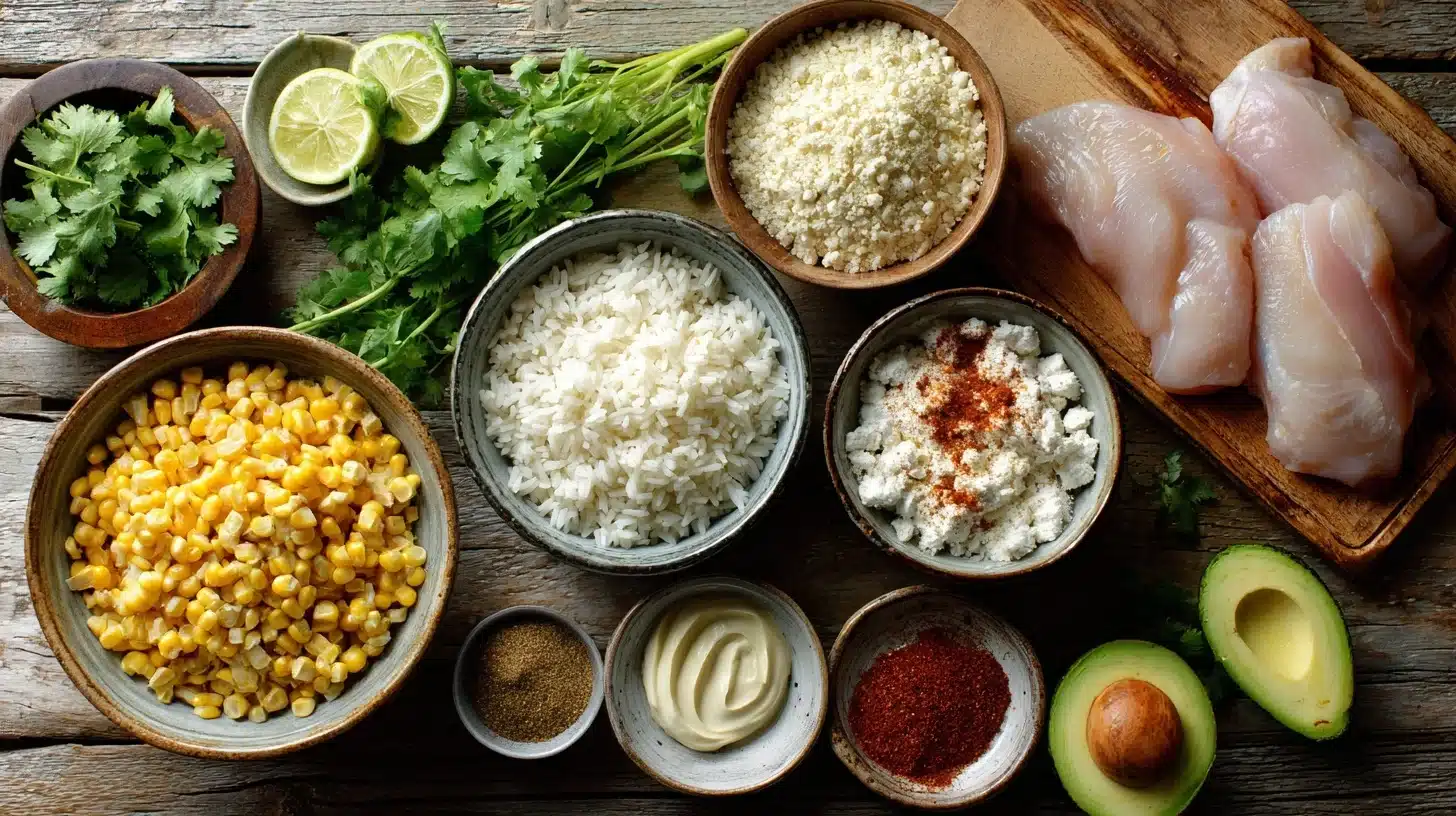 fresh ingredients for street corn chicken rice bowl recipe