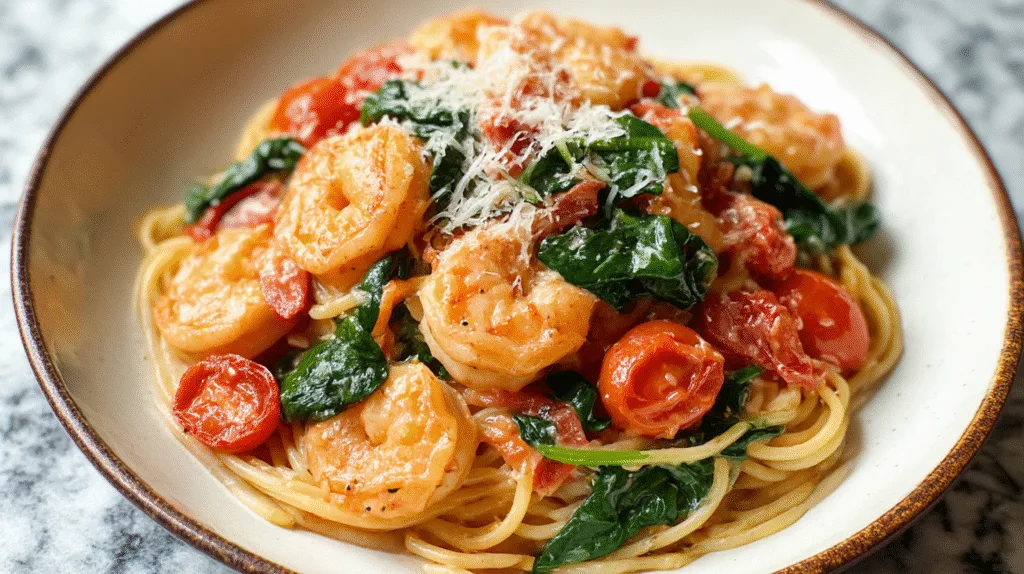 Tomato Spinach Shrimp Pasta